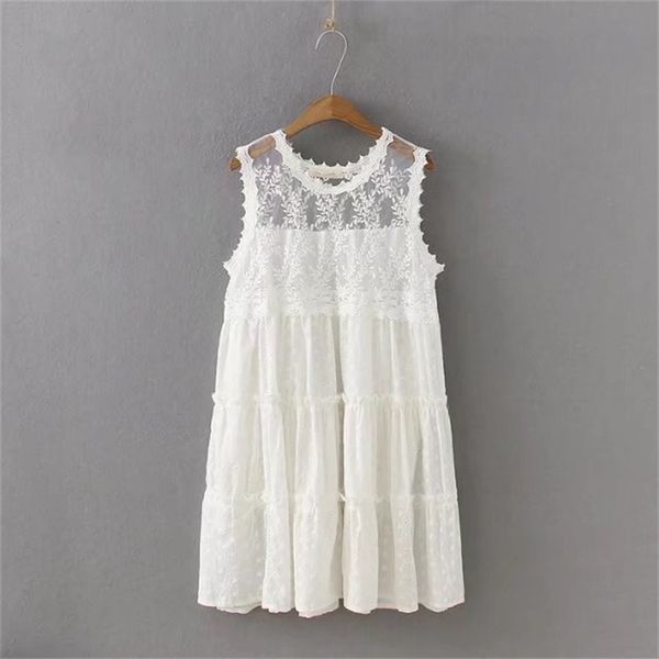 

summer sweet lace white cotton sleeveless o neck a-line lovely tank dresses for women 210421, Black;gray