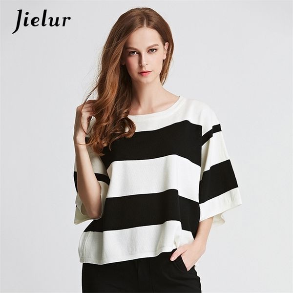 

fashion europe spring women's sweater black and white striped loose half-sleeved lady's pullovers casual knitwear 210426, White;black