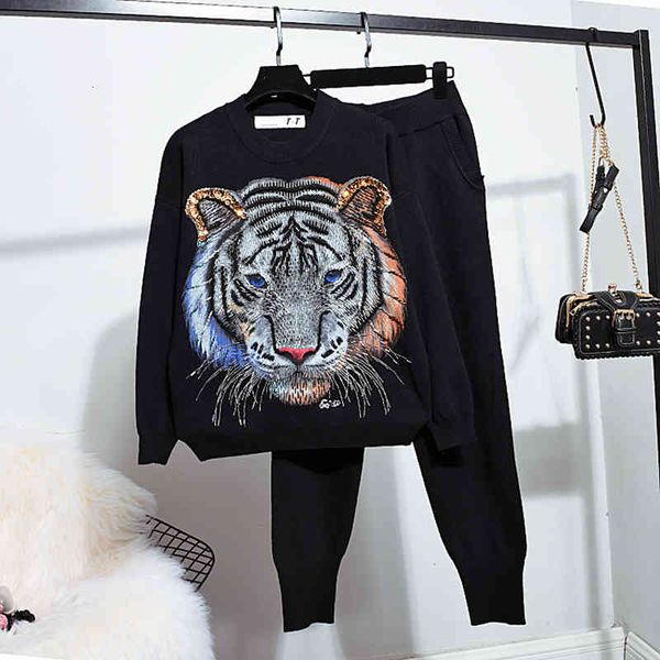 

women's tracksuits spring autumn 2 piece of clothing women fashion loose beading tiger knitted mesh nightgown + small women's pant, Gray