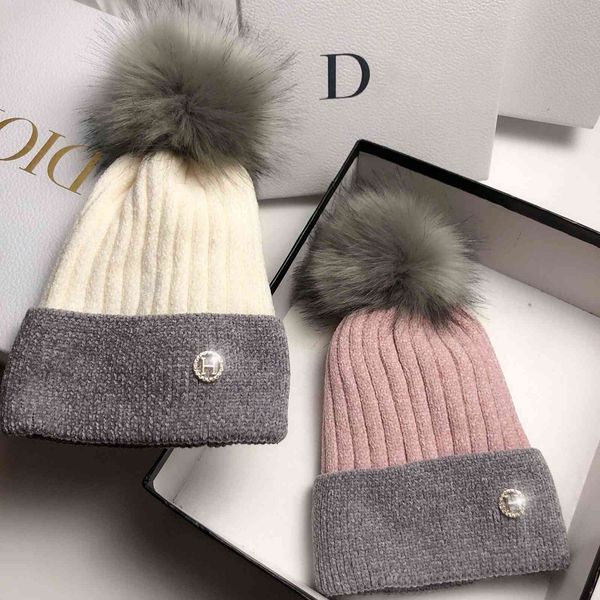 

winter soft plush thickened warm chenille knitted designer color matching big hair ball ear protection pullover wool hat, Blue;gray