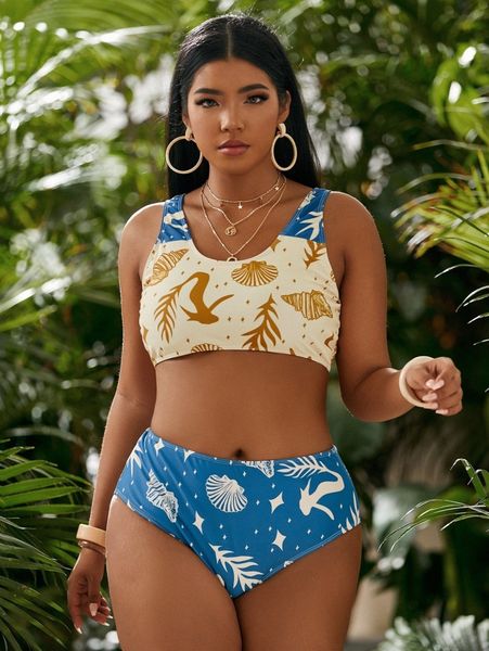 

plus sea world print high waisted bikini swimsuit v9lc#, Black