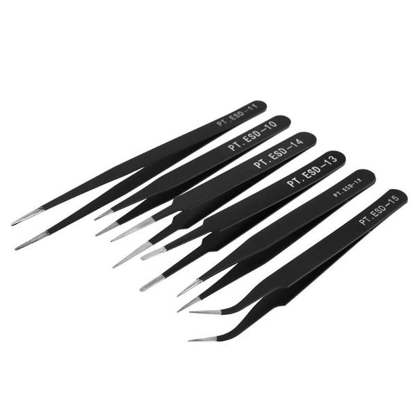 

professional hand tool sets 6pcs anti-static stainless steel tweezers with bag maintenance tools industrial precision curved straight manicu