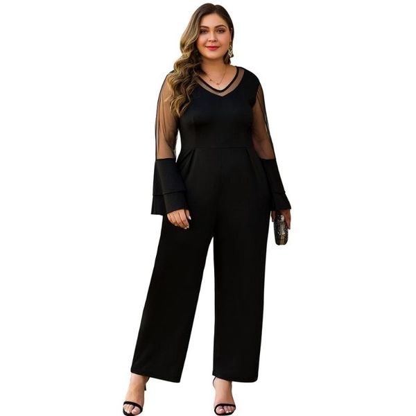 

women's jumpsuits & rompers whzhm loose women party deep v-neck long flare sleeve pants black lace patchwork vintage ladies, Black;white