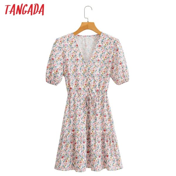 

summer women flowers print v neck short sleeve waist adjust ladies mini dress vestidos sy224 210416, Black;gray