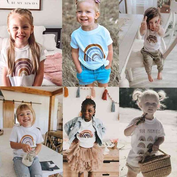 

summer kids girls rainbow striped t-shirt cotton cartoon white short sleeve t shirt 3 4 5 6 7 8 year, Blue