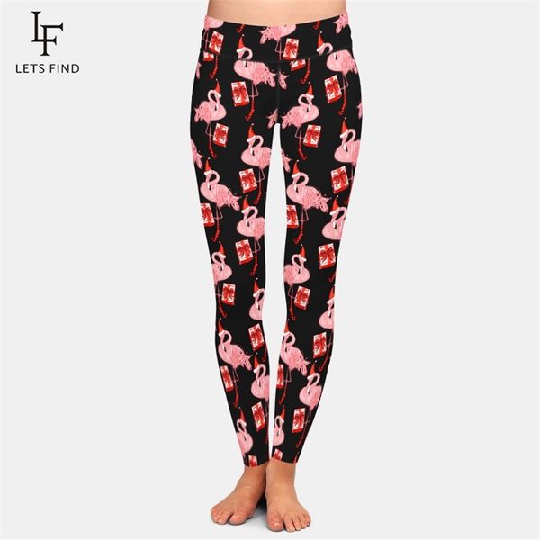 LetsFind Fashion Ano de Natal Flamingo com presente e Papai Noel Impressão Plus Size Calças Altas Cintura Fitness Mulheres Leggings 211204