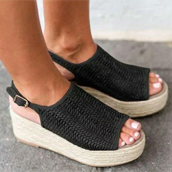 

wish medium heeled fish mouth grass woven fisherman's shoes sandals, Black