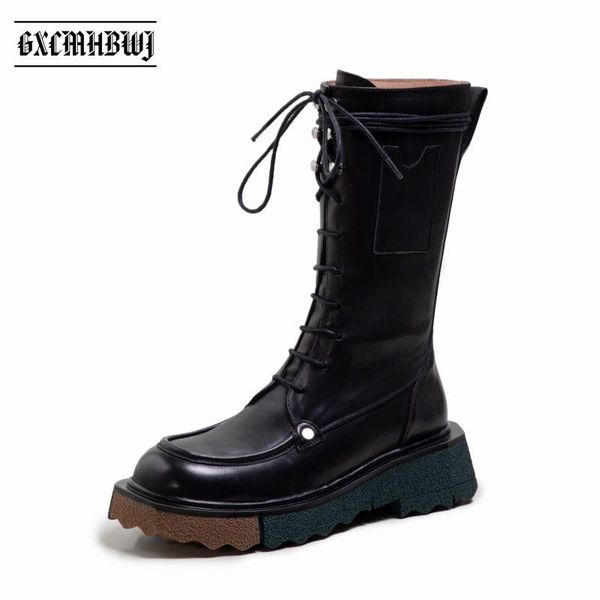 

boots gxcmhbwj arrive genuine leather women mid calf autumn winter lace up thick sole combat flat platform lady shoes, Black