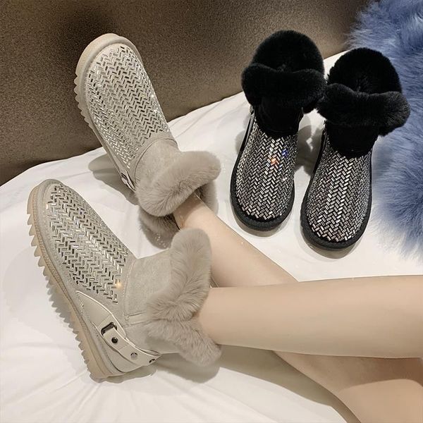 

winter thick soles with velvet sequins women's boots fashionable outdoor comfort fur one piece cotton shoes, Black