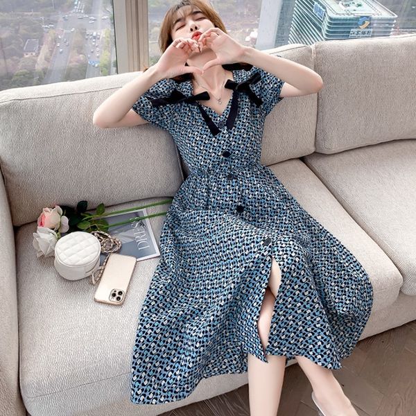 

vintage summer elegant women sweet bowknot v-neck single breasted casual dress fashion print a-line midi long dress vestido 210518, Black;gray