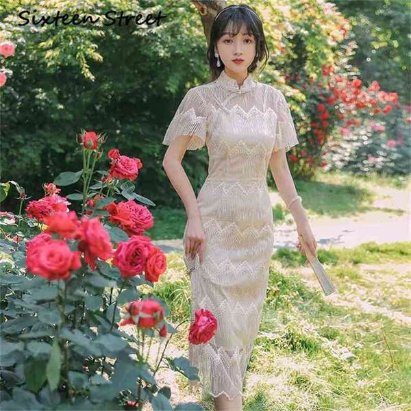 Короткие рукава кружева вышивка женские платье элегантный середины теленка китайский стиль Cheongsam Midi Shate Vestidos de Fiesta Beige 210603
