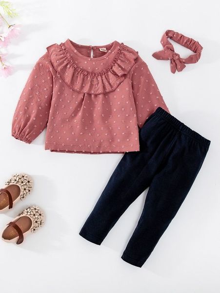 

baby swiss dot ruffle trim & leggings & headband she, White