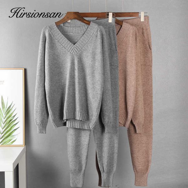 

hirsionsan cashmere knitted sets women loose v neck sweater & carrot pant 2 pieces female outfit tracksuits harem pants 210929, White