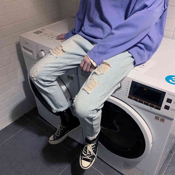 

jeans men's straight tube loose and versatile 9-point pants summer korean fashion wide leg casual autumn winter, Blue