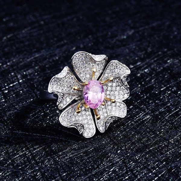 

wedding rings 2021 trend charm flower inlay full shiny zircon silver two tone adjustable size fine jewelry for women engagement, Slivery;golden
