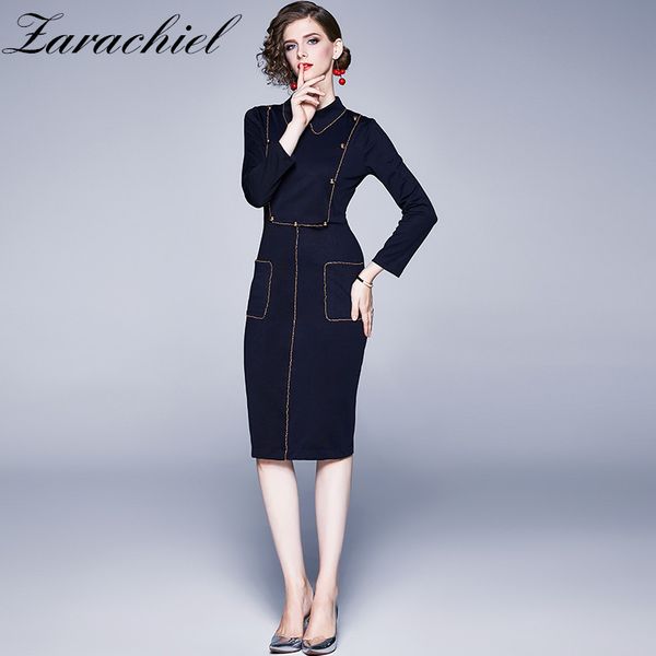

spring autumn women vintage gold thread embroidery stitching slim button pocket wrist sleeves office lady dress 210416, Black;gray