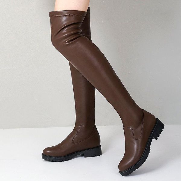 

boots 2021 strecth pu leather women slip on round toe over the knee comfort square low heel autumn winter shoes woman, Black