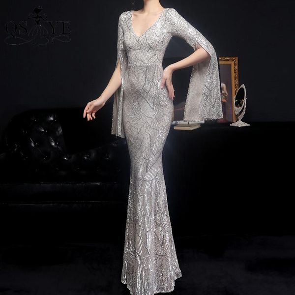 

party dresses silver evening mermaid sequin prom gown glitter open flare long sleeves dress v neck women celebrity vestido, White;black