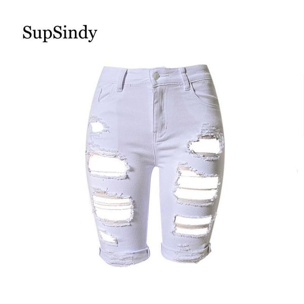 

women's shorts supsindy summer women vintage high waist elastic skinny ripped white fashion cotton luxury wild slim casual, White;black