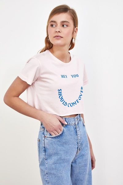 

women's t-shirt trendyol printed super crop knitted twoss21ts0214, White