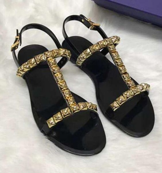 

summer jelly shoes metal rivets studed t-strap open toe flat sandal for woman 2021 beach wearing comfortable sandals, Black