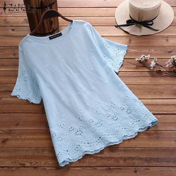 

women's blouses & shirts elegant embroidery tunic blouse 2022 casual hollow female short sleeve blusas plus size solid, White