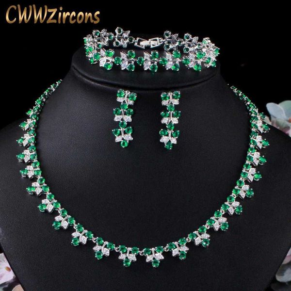 

luxury dubai nigeria green cz crystal wedding prom necklace jewelry set for brides party costume accessories t477 210714, Silver