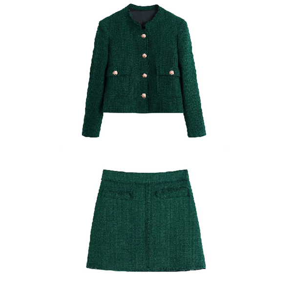 

two piece dress women fashion two-piece suit tweed single breasted coat rear zipper skirts streetwear, White
