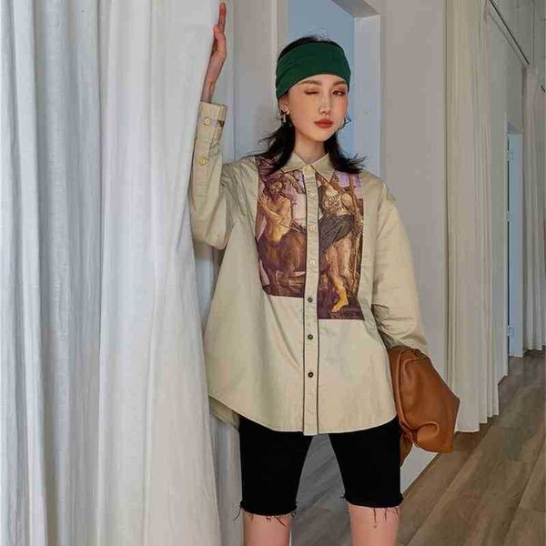 

women's two piece pants spring renaissance print long sleeve button up shirt women and blouses loose designer aest m21y, White