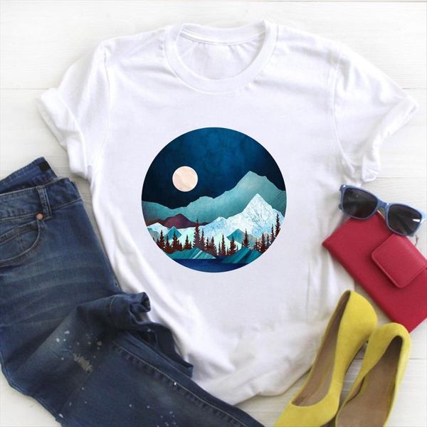 

moon night silent cute women print short sleeve summer tee female clothes womens graphic, White