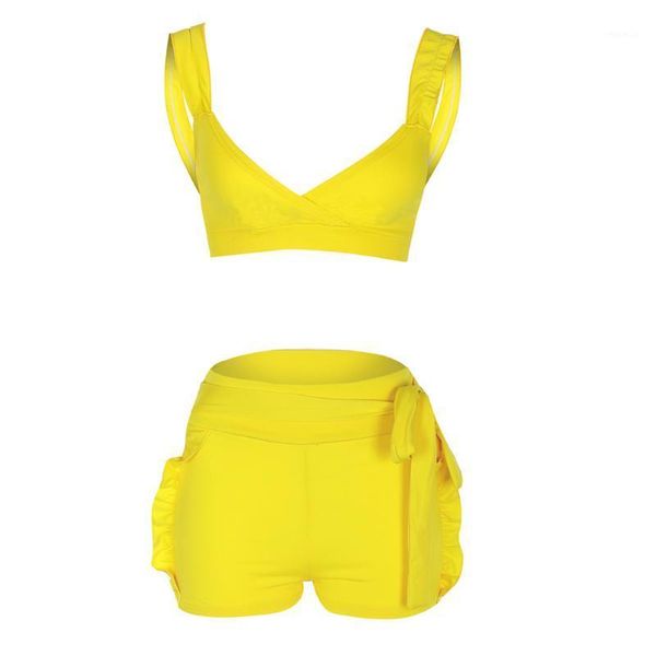 

women summer bodycon ruffle crop shorts 2 pieces set romper solid color jumpsuit outfit women's tracksuits, Gray