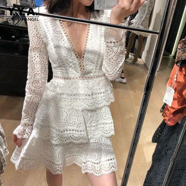 

casual dresses spring lace v neck layered dress hollow out long sleeve white party ladies low cut bohemian ruffles, Black;gray