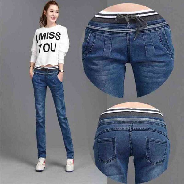 Plus size 26-40 calças casuais magro elasticidade cintura jeans de renda para mulheres elástico azul lápis moda jeans calças 211129