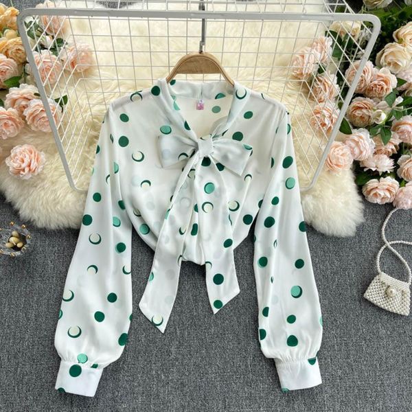 

women's blouses & shirts women autumn chiffon office lady casual long sleeve polka dot printed blusas bow collar all-match top, White