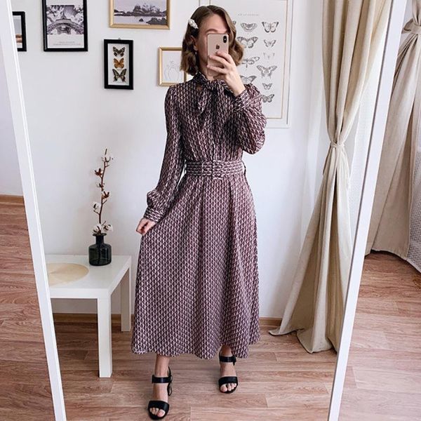 

casual dresses vintage printed chiffon dress women autumn bow decoration long sleeve high waist a line elegant fashion party vestidos, Black;gray