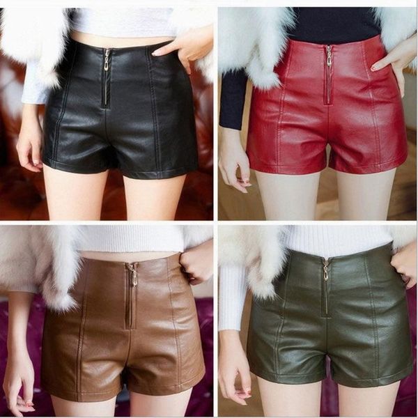 

women's shorts spring winter female slim casual leather loose high waist women pu zipper skinny cool, White;black