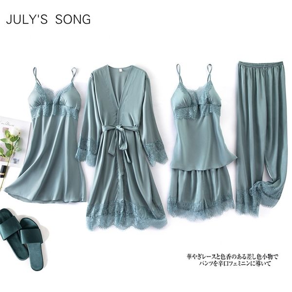 

july's song 5 pieces solid color satin pajama set faux silk sleepwear fashion breathable lace thin new autumn robe homewear 210330, Black;red