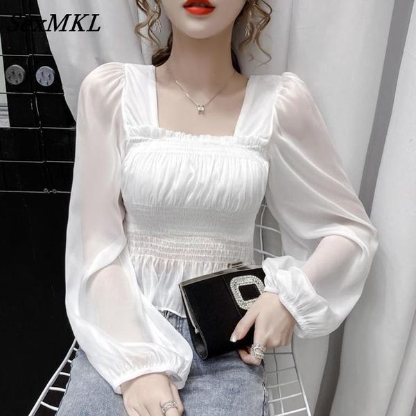 

women's blouses & shirts women corset blouse 2021 fashion long sleeve chiffon white korean slim puff office crop vintage