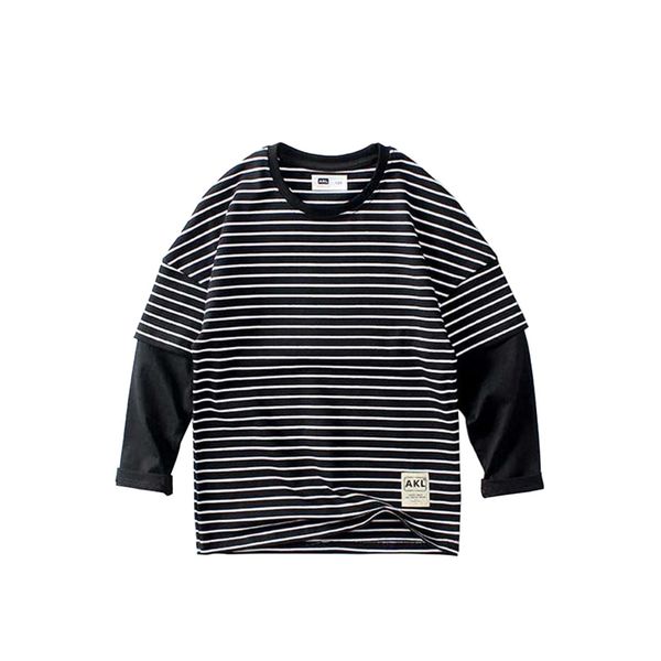 

t-shirts for boys striped t-shirt boy patchwork fake 2 pcs kids t shirt school spring autumn casual teenage clothes 210527, Blue