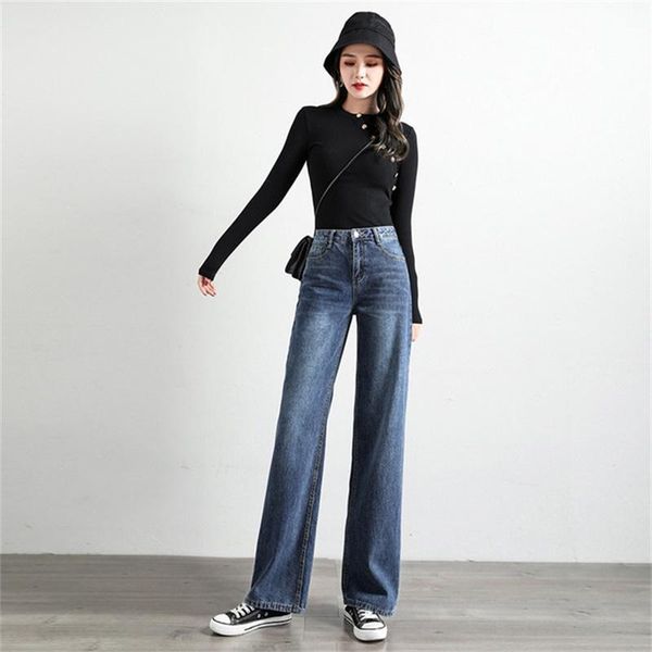 

women's jeans 2021 spring fall straight high waist wide legs loose trousers, Blue