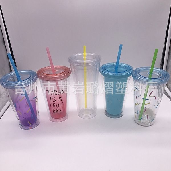 

creative simple plastic large capacity double straw flat cover straight cup 12 16 / 20oz