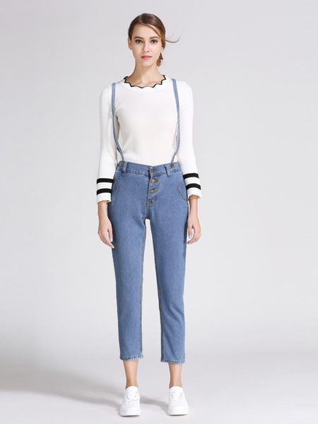 

women's jeans denim overalls women2021 summer single-breasted bib trousers detachable suspenders, Blue