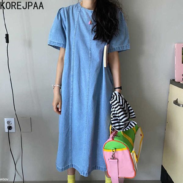 

korejpaa women dress summer korean chic retro round neck back hollow buttoned loose short-sleeved washed blue denim vestido 210526, Black;gray