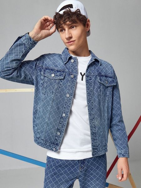 

men flap pocket plaid denim jacket s6lr#, Blue