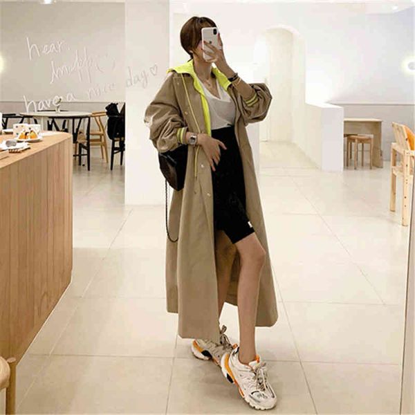

casual dresses spring autumn windbreaker women fashion fake two pieces splice hit color long hooded trench coat loose overcoat tid, Black;gray