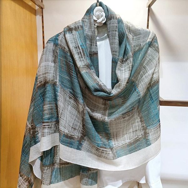 

scarves high-end elegant women simple fresh green geometric block printing versatile quality cashmere soft beard edge long scarf shawl, Blue;gray