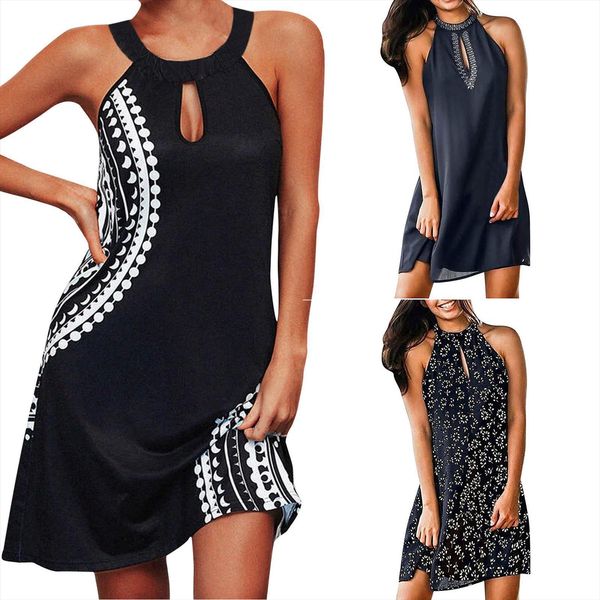 

summer casual fashion metal women dress hanging neck print sleeveless vestido de mujer, Black;gray
