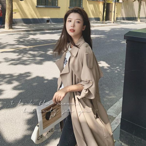 

women's trench coats women autumn cross super draping coat, Tan;black