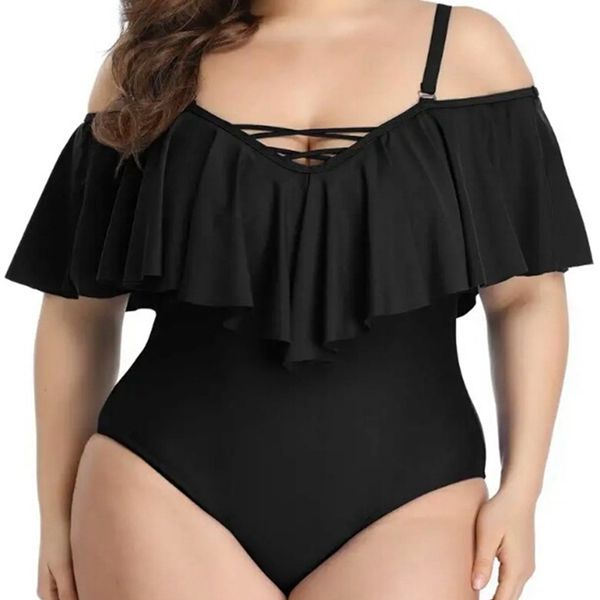 

plus size swimwear ruffled swimsuit women shoulder off bathing suit large monokini bandage dropship 210625, White;black