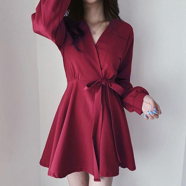 

casual dresses fashion high waist tie bow women v neck long sleeve solid color slim a-line dress, Black;gray